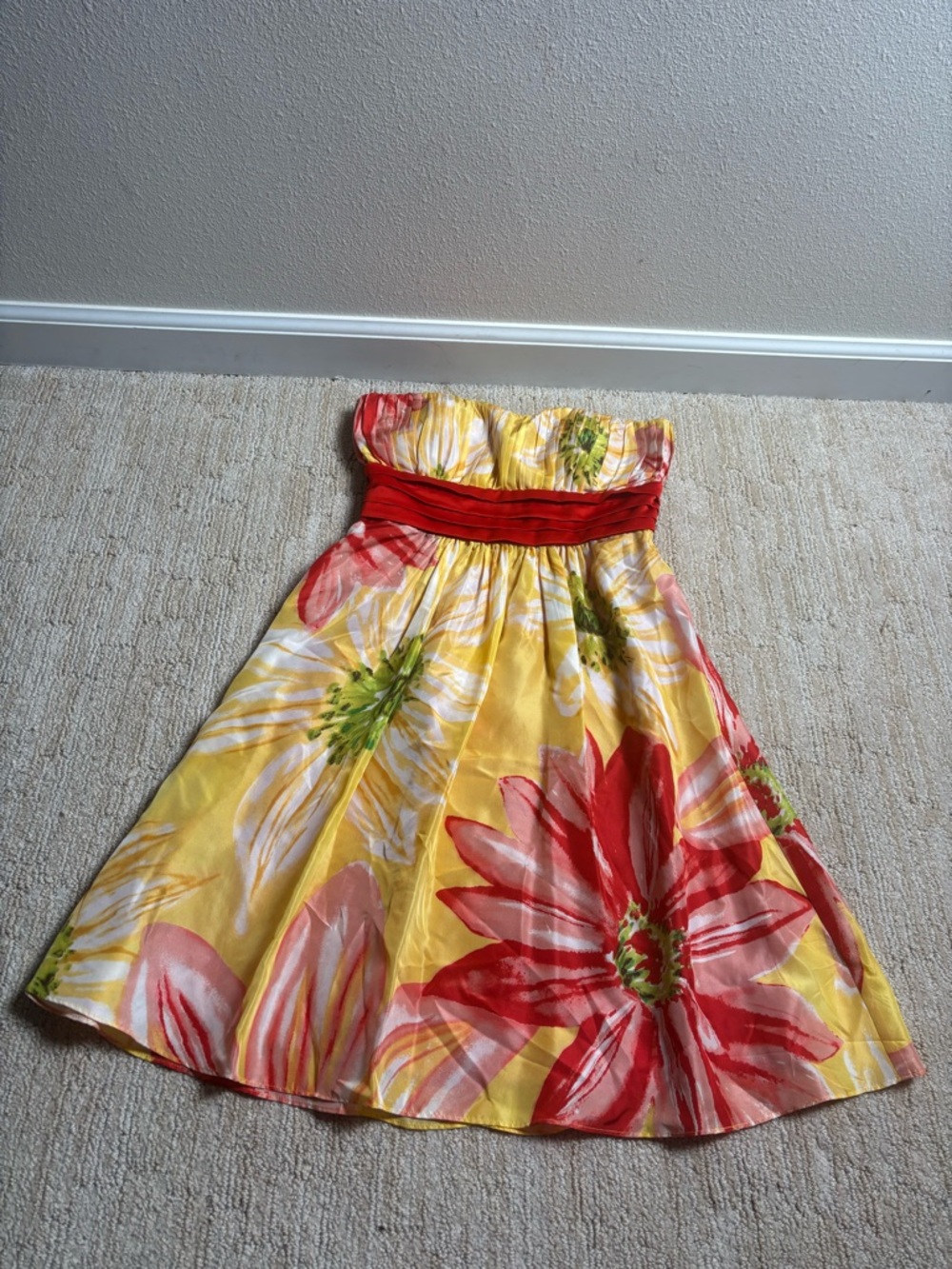 BCBG Y2K Strapless Yellow Floral Sundress with Red Waistband